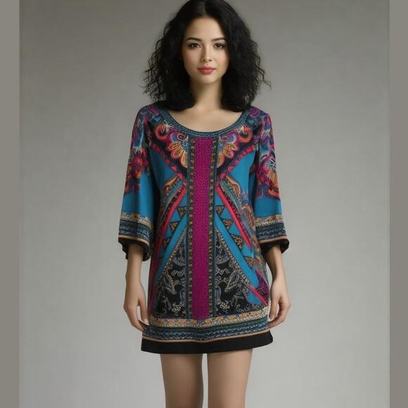 DeJaVu Teal Pink Ethnic Lightweight Colorful Festival Boho Summer Shift Dress L - Picture 1 of 13